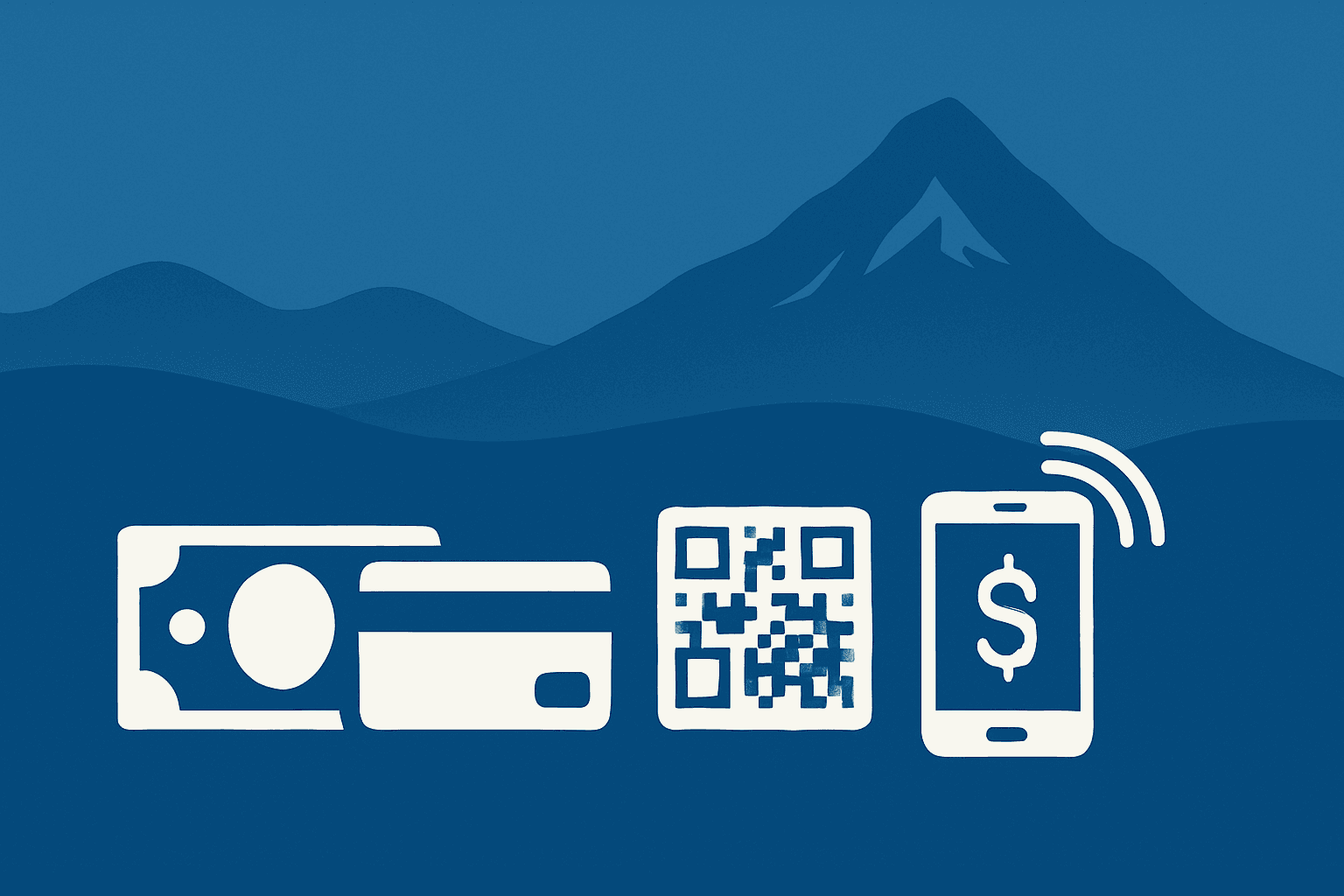 graphic visual showing mountain in the background and card, cash, QR and mobile pay logo in the foreground.