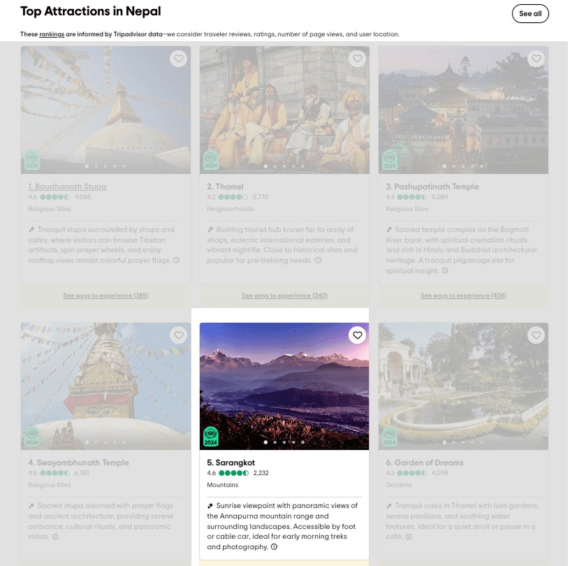 tripadvisor listing screenshot showing sarangkot as the 6th most popular attraction in Nepal
