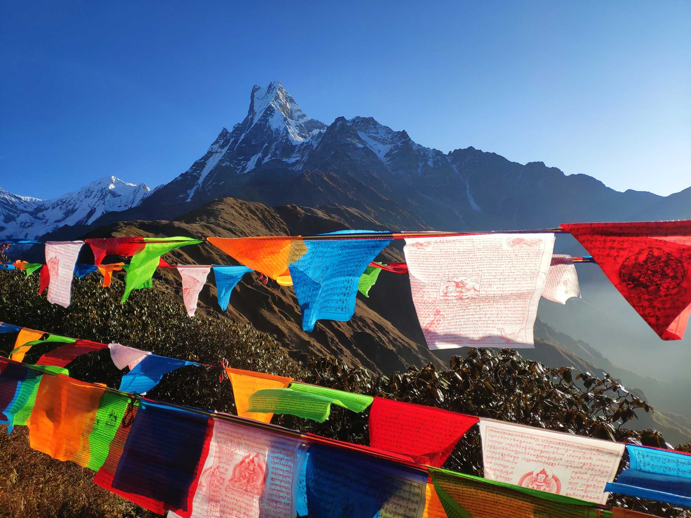 Snow capped peaks seen past the colorful buddhist prayer flags